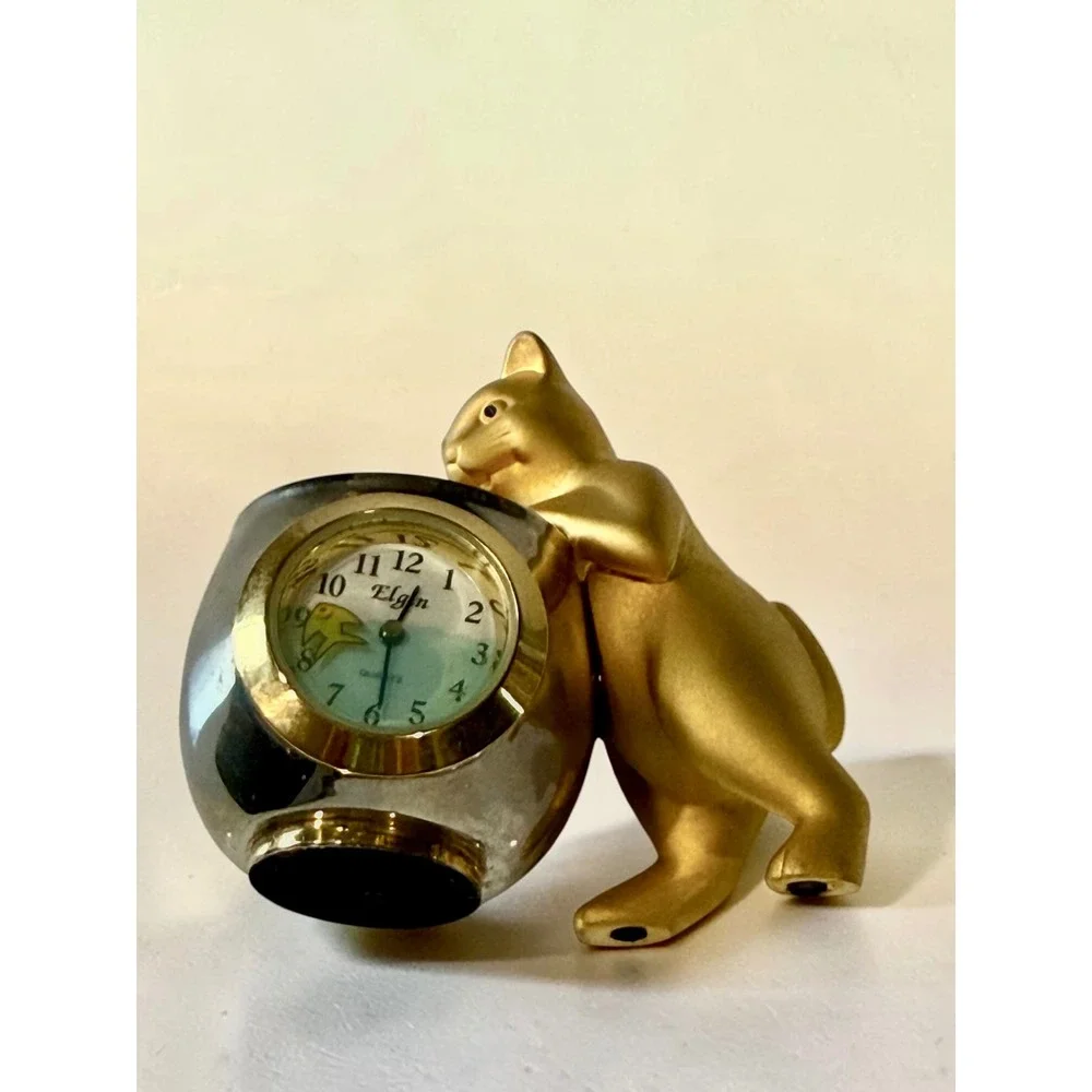 Elgin Miniature Desk Clock Cat and Fishbowl Figurine Gold Silver Tone Quartz